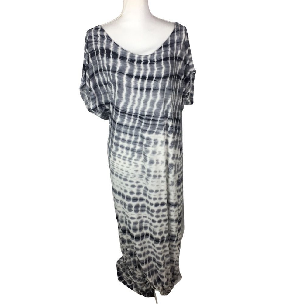Black White Gray Tie Dye Maxi Dress Size Large Low Back Lightweight Short Sleeve